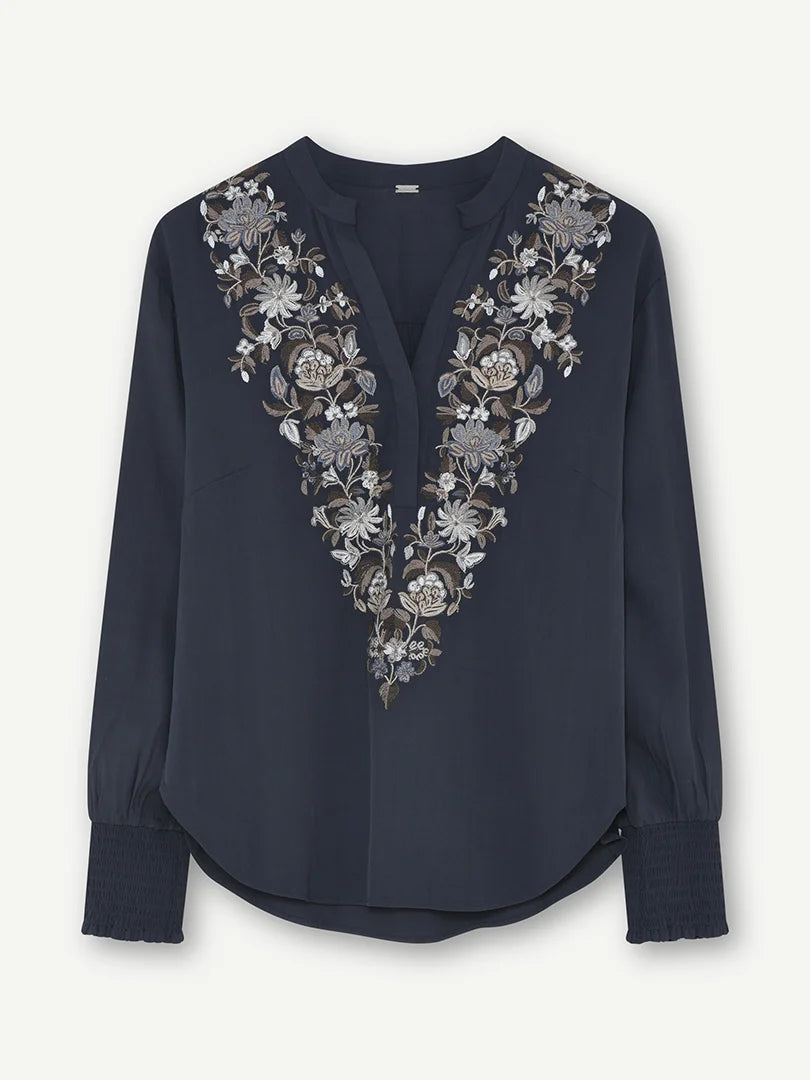 Gustav Navy Embroidered Long Sleeve Top With Smock Cuffs