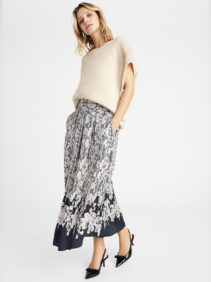 Gustav Mabell Black/Cream Lace Print Midi Skirt