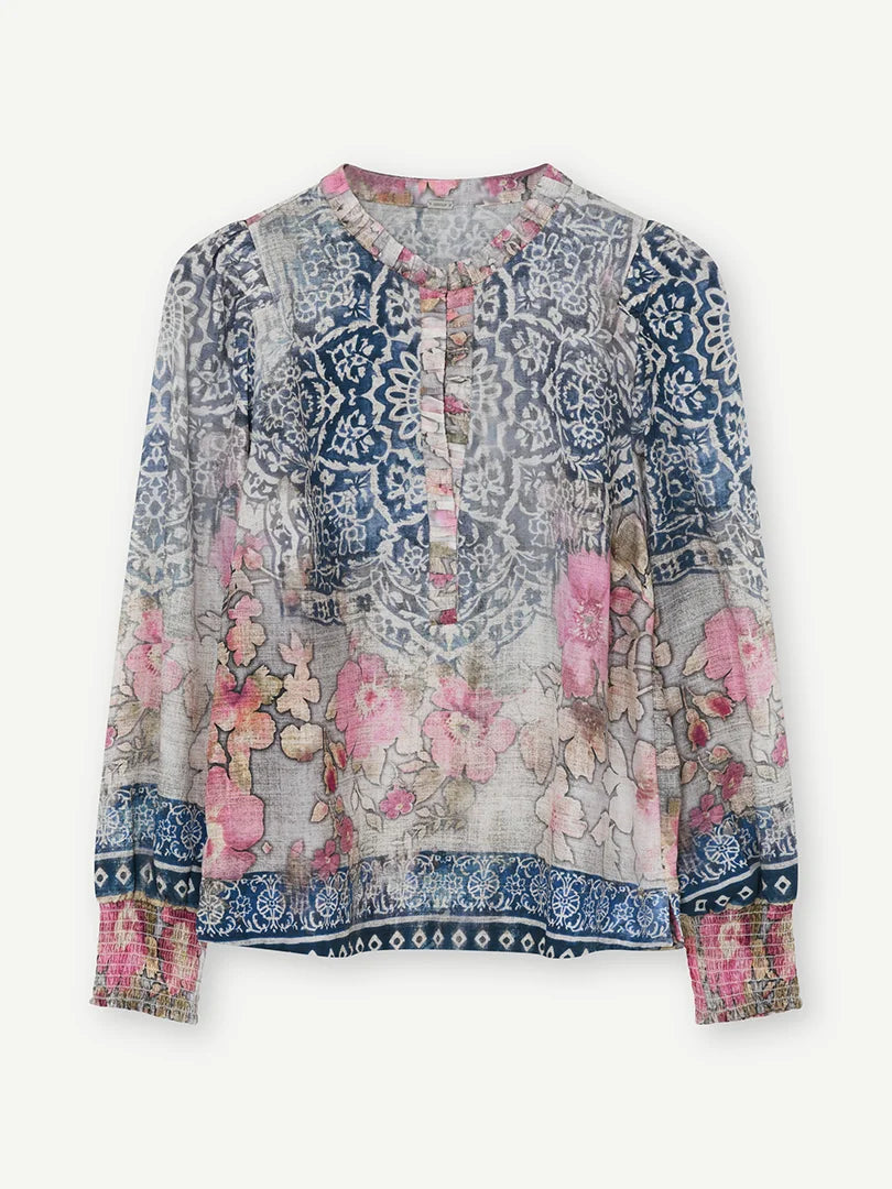 Gustav Neomi Beige/Navy/Pink Ethnic Print Y-Neck Blouse