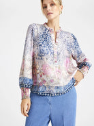 Gustav Neomi Ethnic Print Split Neck Blouse in Beige/Navy & Pink 