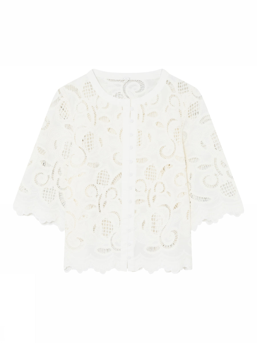 Flat lay of Gustav Grazia embroidered lace shirt in white cotton
