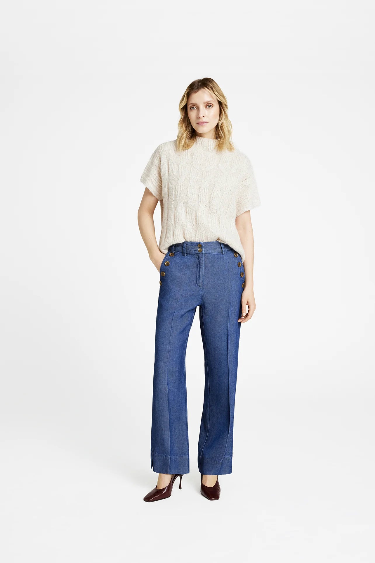 Model wearing Gustav Cali wide-leg lyocell denim trousers front view