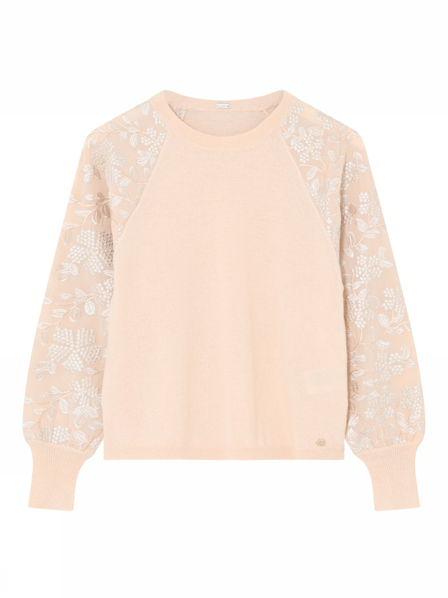 Gustav Karin peach dressy sweater with embroidered floral sleeves