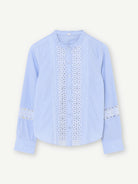Gustav Carmen blue and white pinstripe shirt with lace panels and mandarin collar 