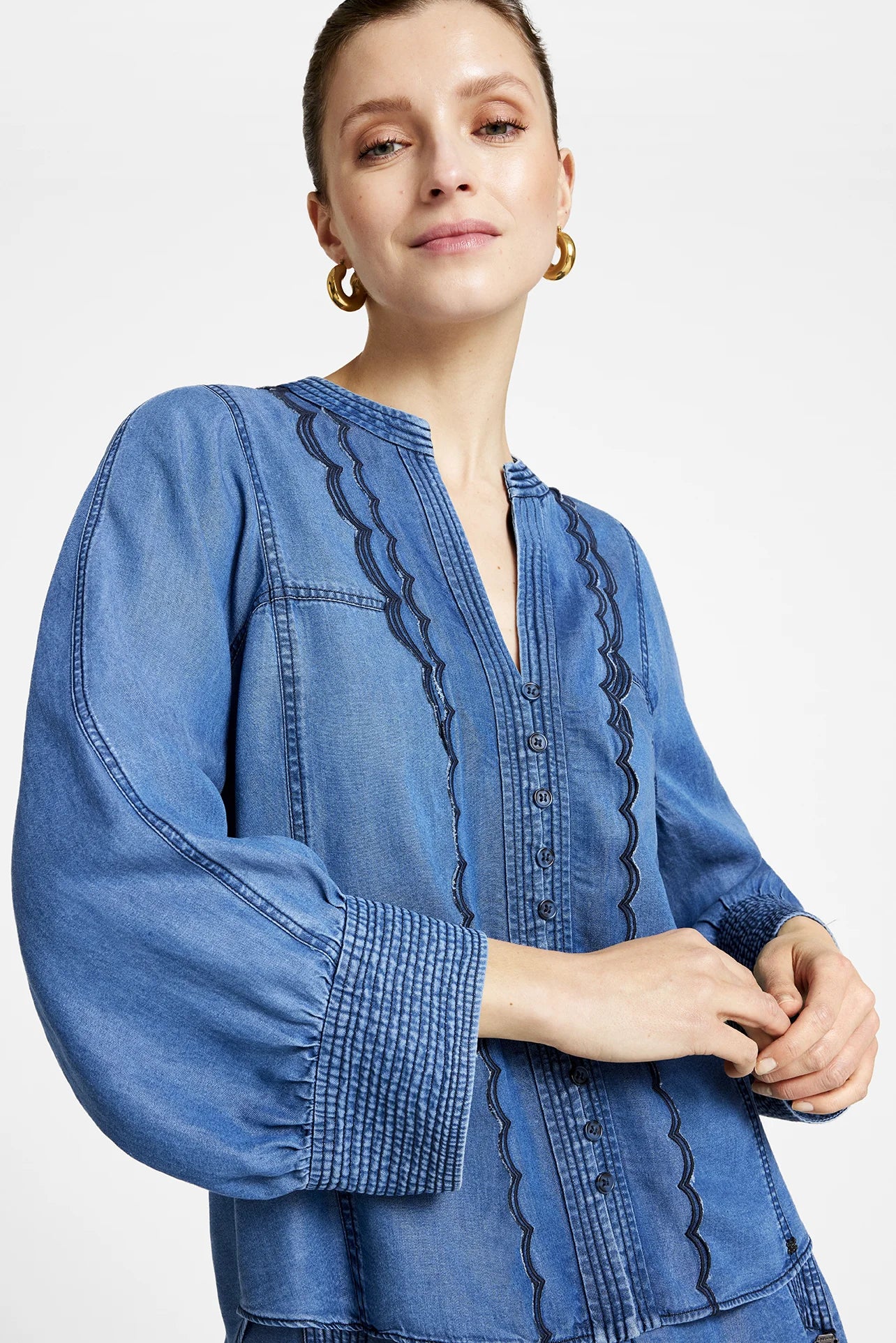 Gustav Kaisa lightweight lyocell denim frilled blouse for women 