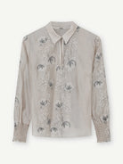 Gustav Bayanna floral motif blouse flat lay, sheer long sleeve blouse with delicate floral print
