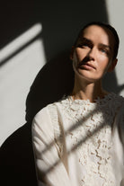 Gustav Judi A-shape Embroidered Lace Front Long Sleeve Cream Blouse