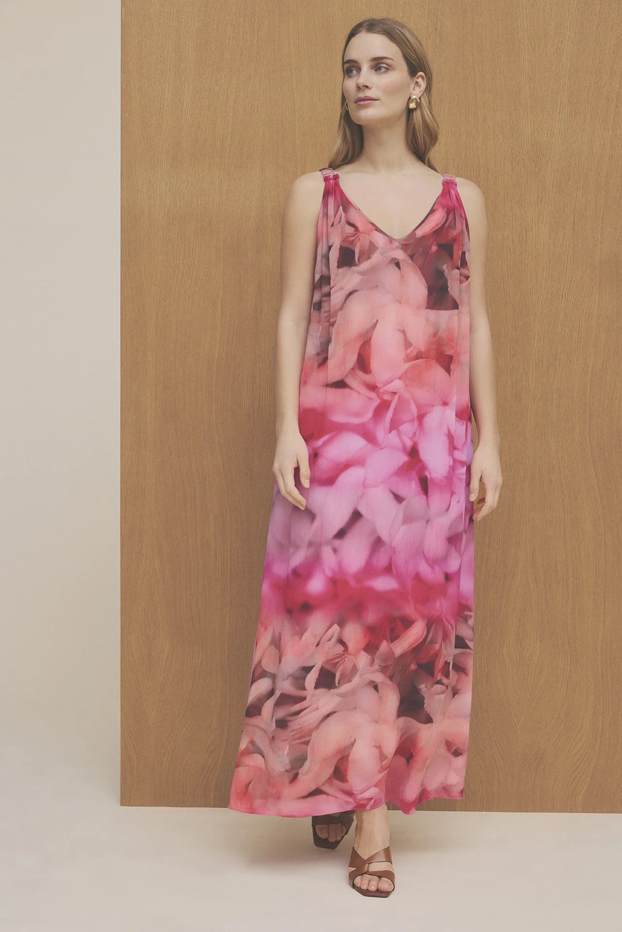     Gustav Minic pink floral print sleeveless maxi dress full length front view