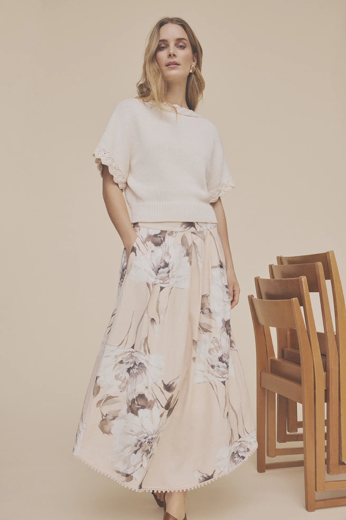     Gustav cream floral pleated midi skirt full length front view