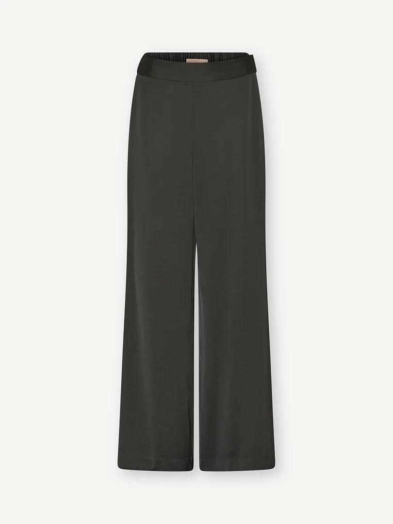 Gustav Miya army green satin wide leg trousers with elasticated back waist – front product view