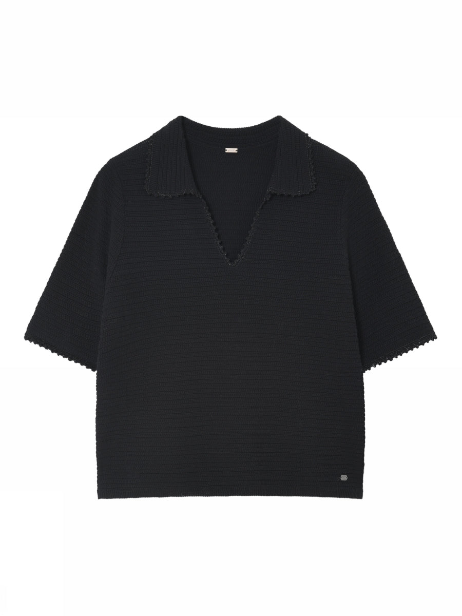 Gustav Isobel black short sleeve collared V-neck knit jumper front view