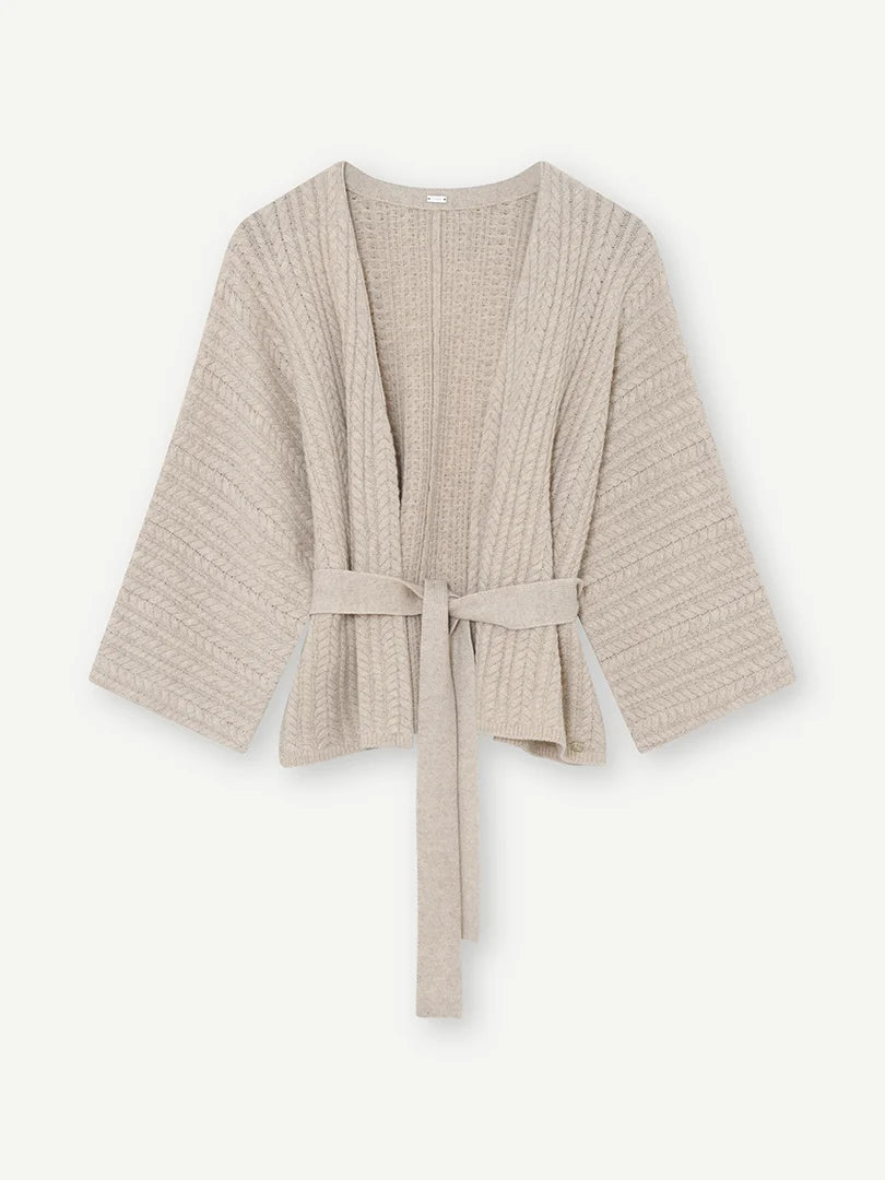 Gustav Liva Light Latte belted wool cape cardigan with textured knit and wide sleeves – front product view