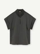     Gustav Clarina khaki satin blouse with braided collar and keyhole neckline