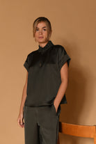 Gustav Clarina khaki green satin braid collar blouse with short sleeves – front product view