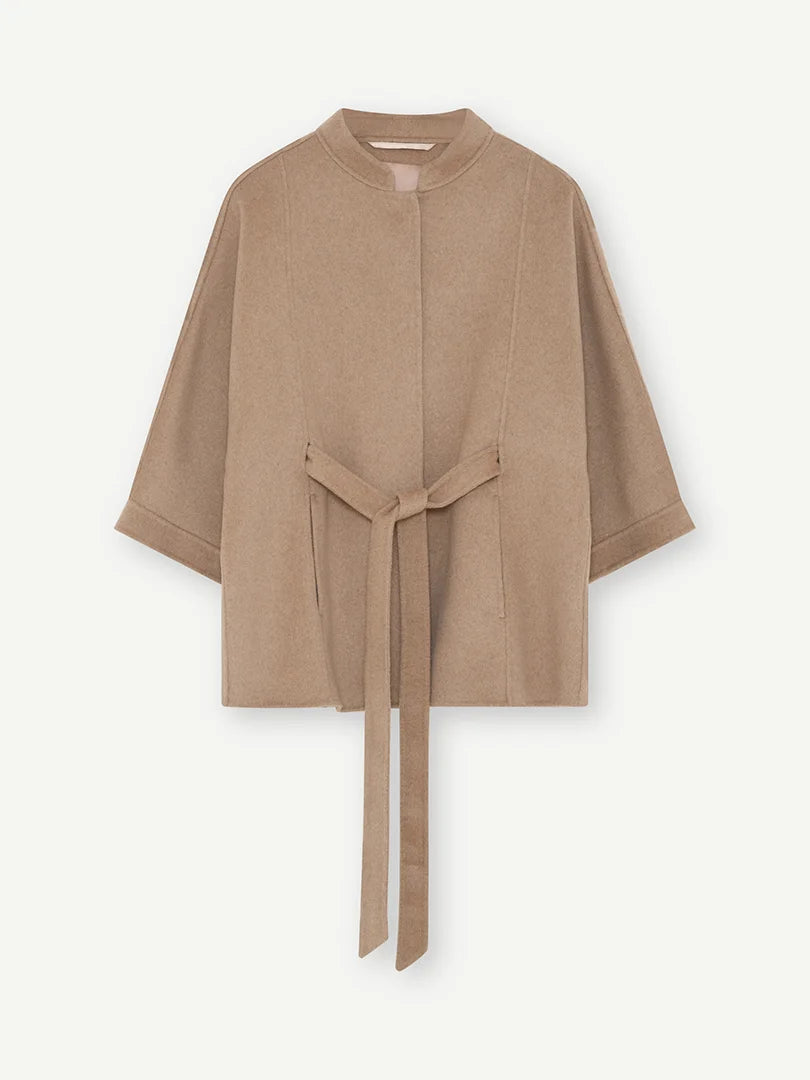 Gustav Dua camel wool blend belted cape style jacket with wide three-quarter sleeves.