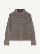 Gustav Marita grey brown melange wool cable knit jumper with high neckline and long sleeves.