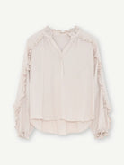 Gustav Annsofie almond blouse with cascading ruffle sleeves and gathered neckline – front view