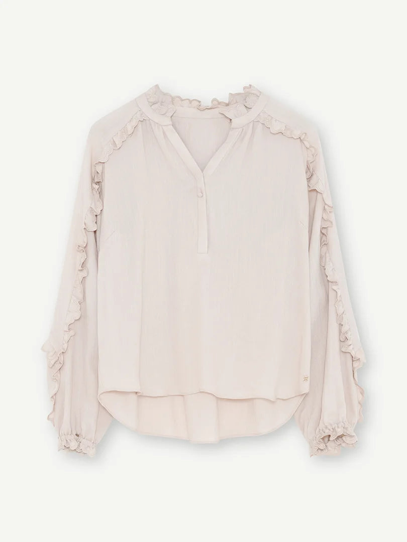 Gustav Annsofie almond blouse with cascading ruffle sleeves and gathered neckline – front view