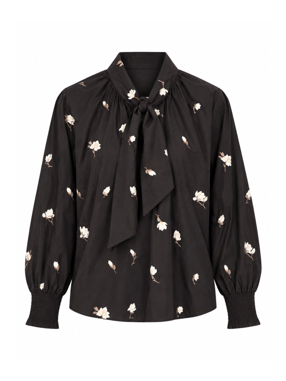 Gustav Erene dark brown floral blouse with ivory flower motifs, statement tie-neck bow and long sleeves with smocked cuffs – front view.