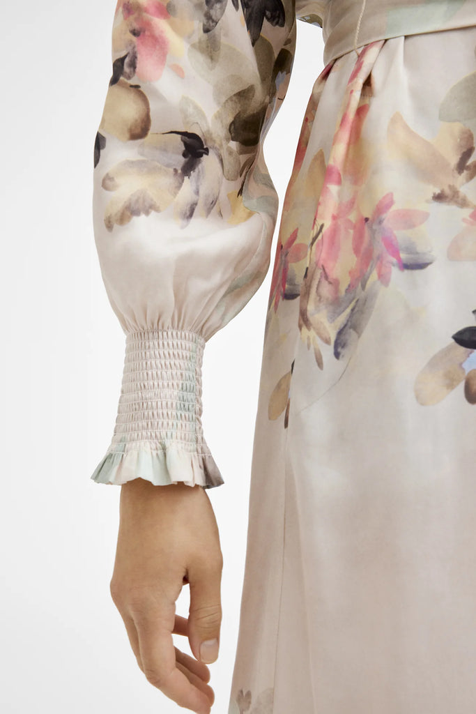 Gustav Nichole Beige Belted Floral Print Midi Dress With  Elasticated Sleeves