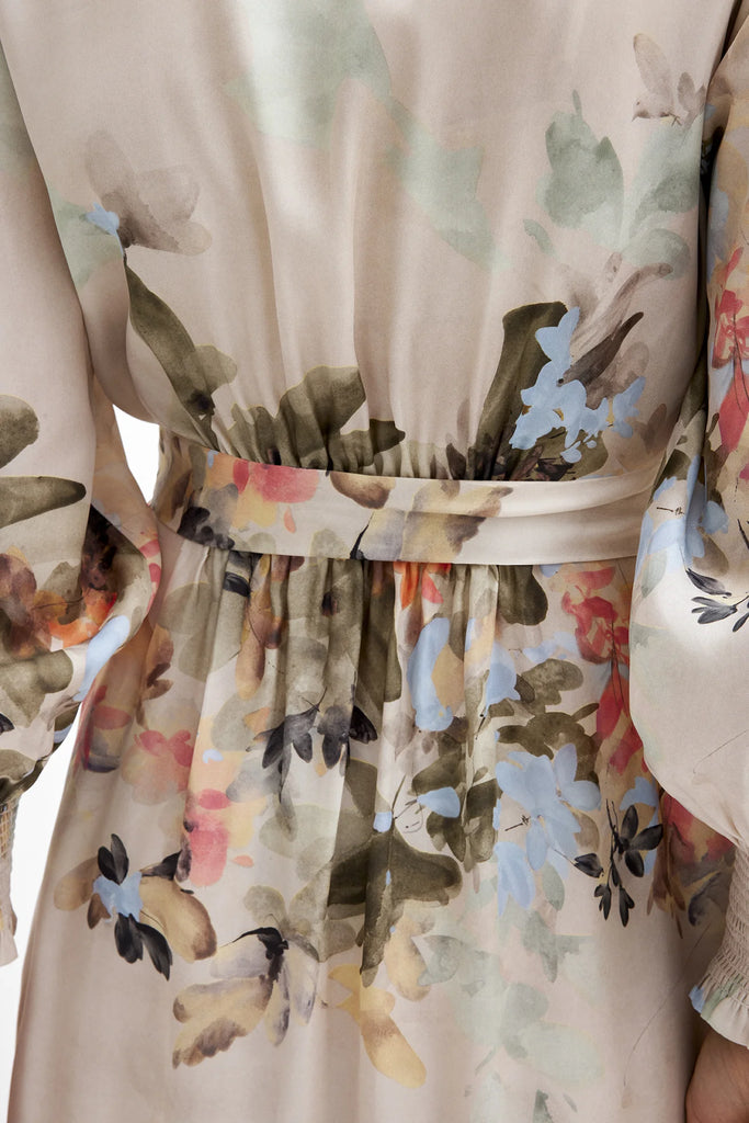 Gustav Nichole Beige Belted Floral Print Midi Dress