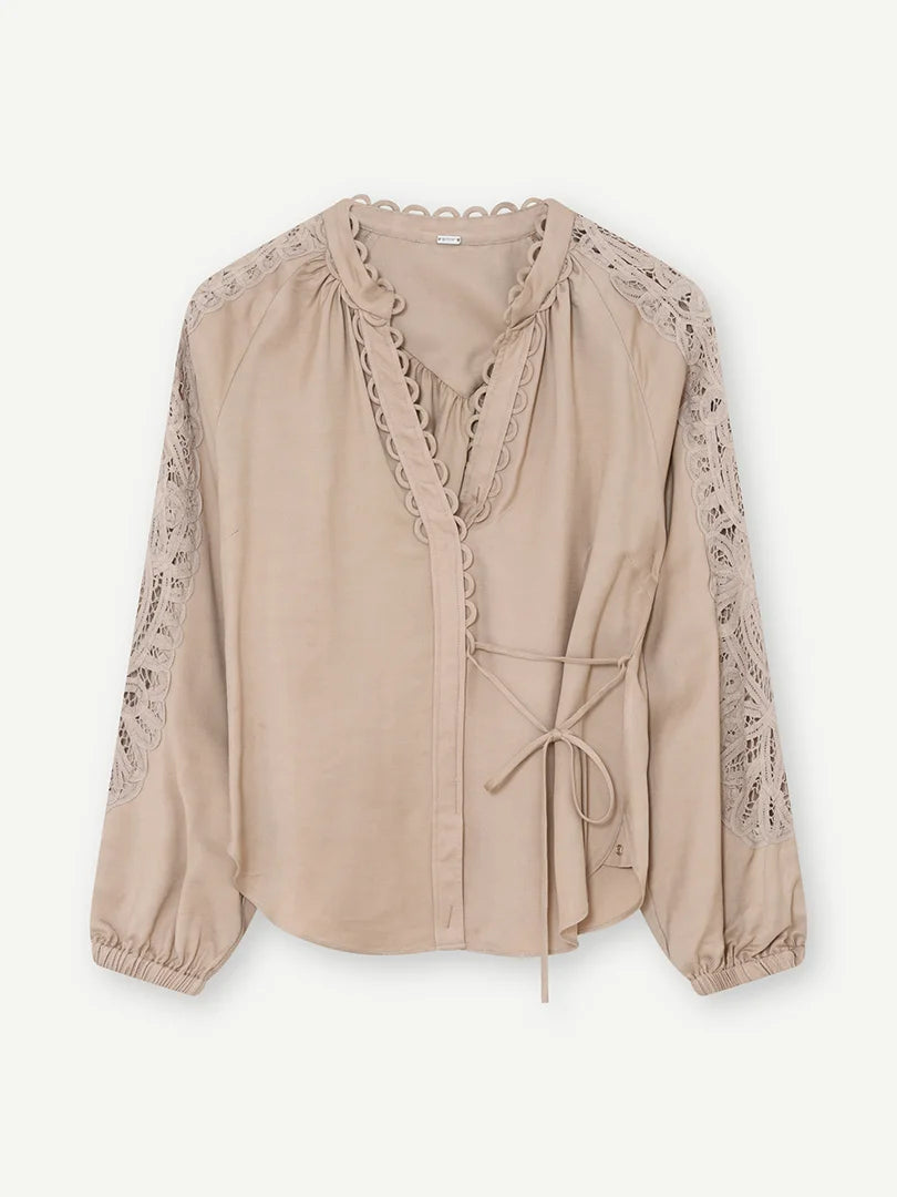 Gustav Phia Sand Stone lace sleeve blouse – front product view