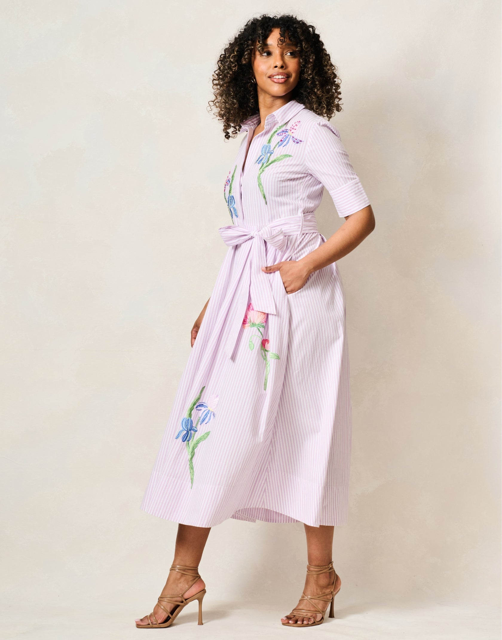 Hope & Ivy Merrin embroidered pinstripe shirt dress side view