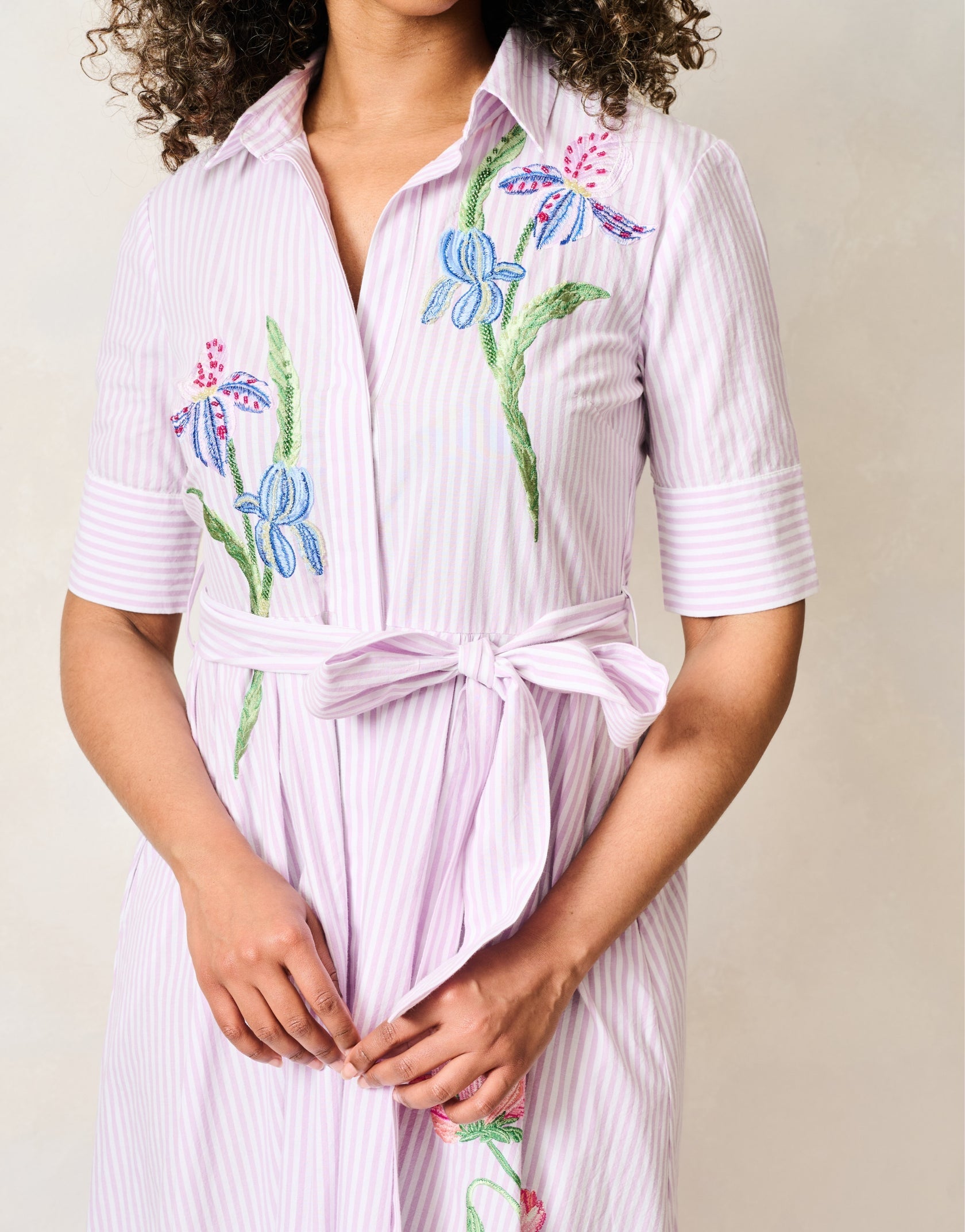 Hope & Ivy Merrin lilac pinstripe dress with tie waist detail