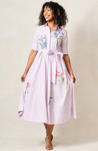 Hope & Ivy Merrin lilac stripe embroidered midi shirt dress