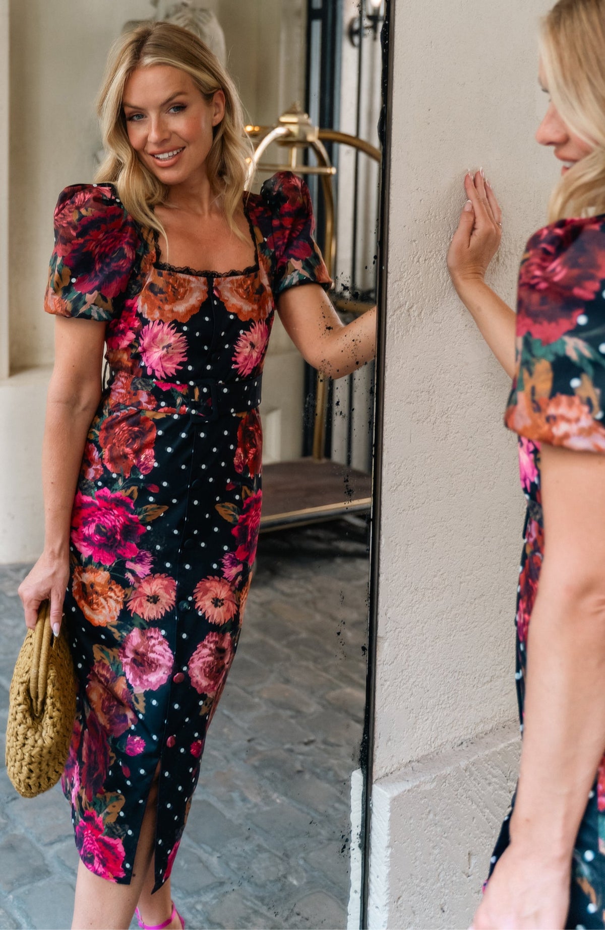 Hope & Ivy Rinna black floral wedding guest midi dress – front lifestyle view