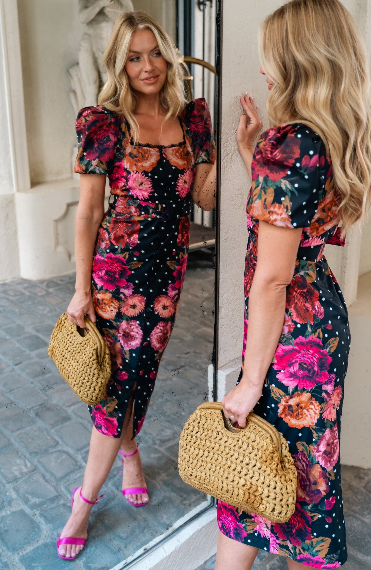 Hope & Ivy Rinna black and pink floral belted midi dress – lifestyle mirror view