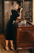 Hope & Ivy Alba Black Velvet Midi Dress – showing bow detail