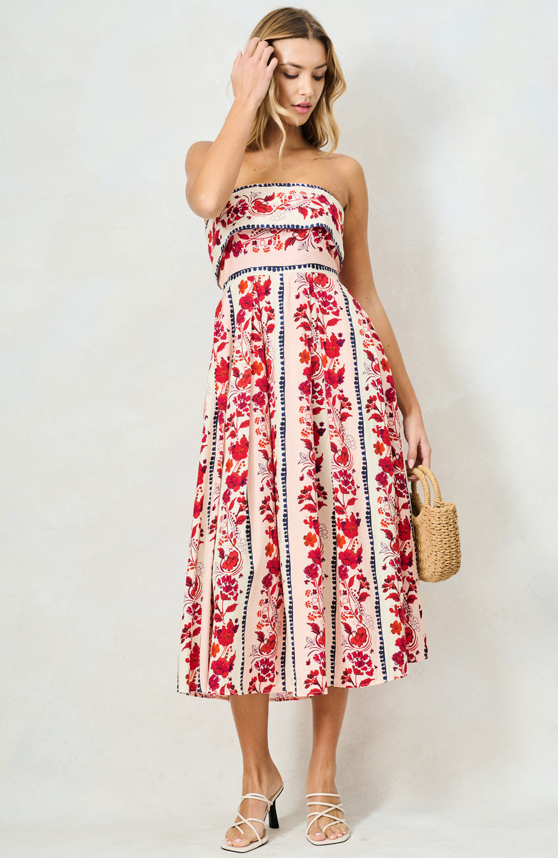 Pink floral bandeau midi dress side profile by Hope & Ivy