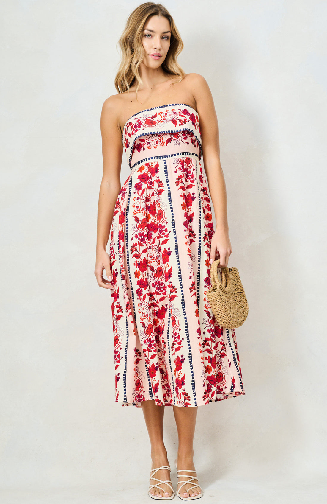     Hope & Ivy Billy pink floral border print bandeau midi dress