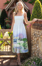 Hope & Ivy Celine dress styled with woven bag for outdoor summer event Or wedding guest 