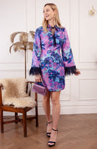 Hope & Ivy Cerise Printed Satin Mini Dress With Feather Cuffs