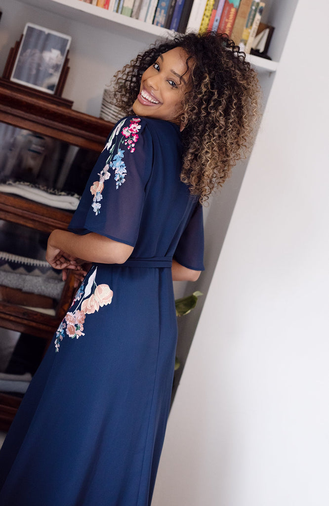 Hope & Ivy Gisela Embroidered Flutter Sleeve Maxi Wrap Dress- Back