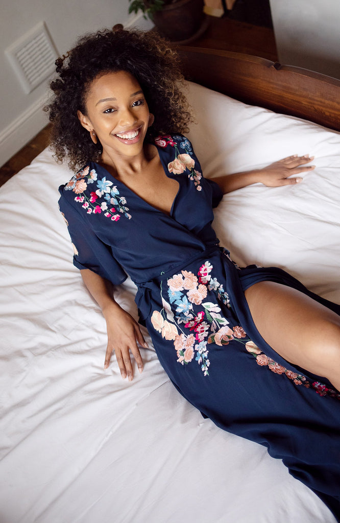 Hope & Ivy Gisela Embroidered Floral Half Sleeve Maxi Wrap Dress In Navy