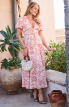 Hope & Ivy Halima floral wedding guest midi dress front detail