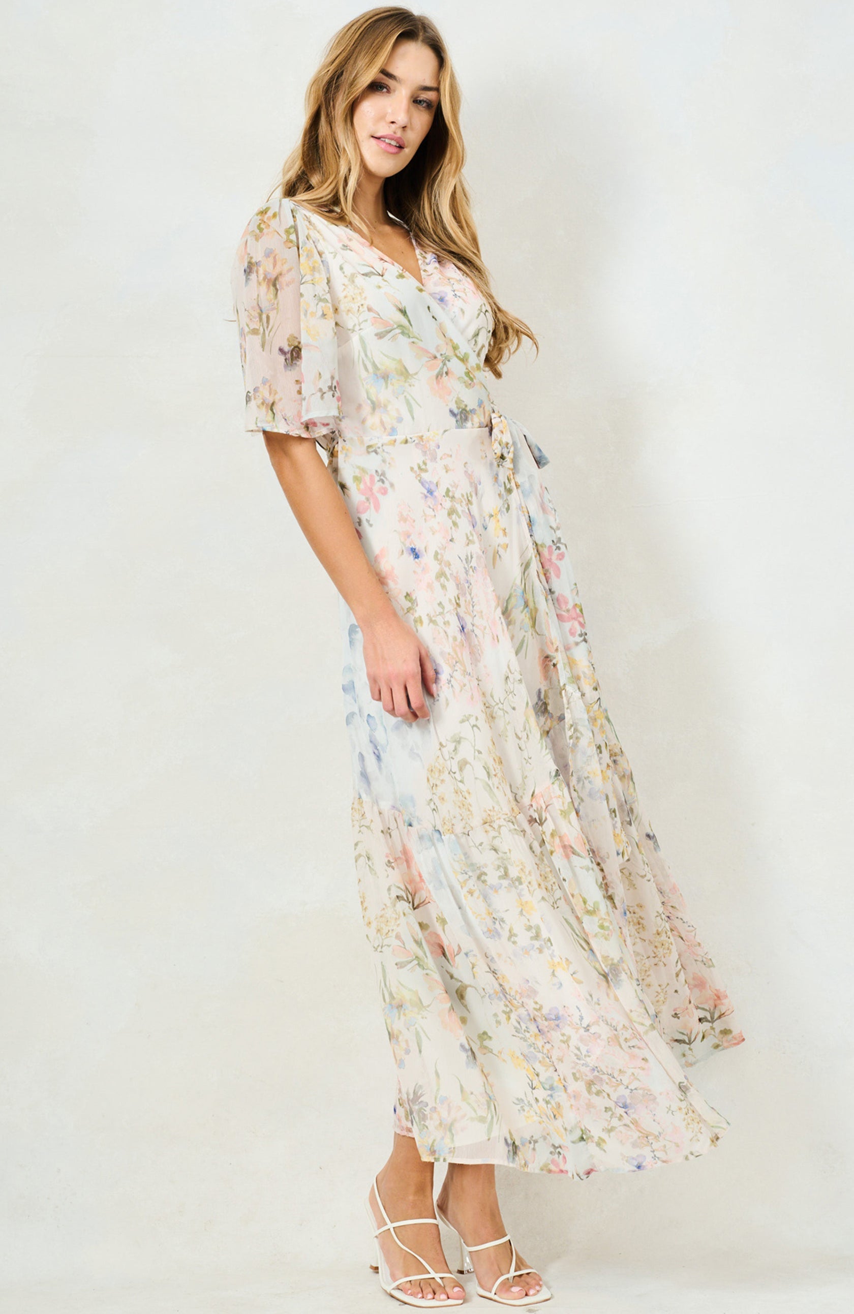 Hope & Ivy Haven chiffon wedding guest maxi dress with tie waist detail