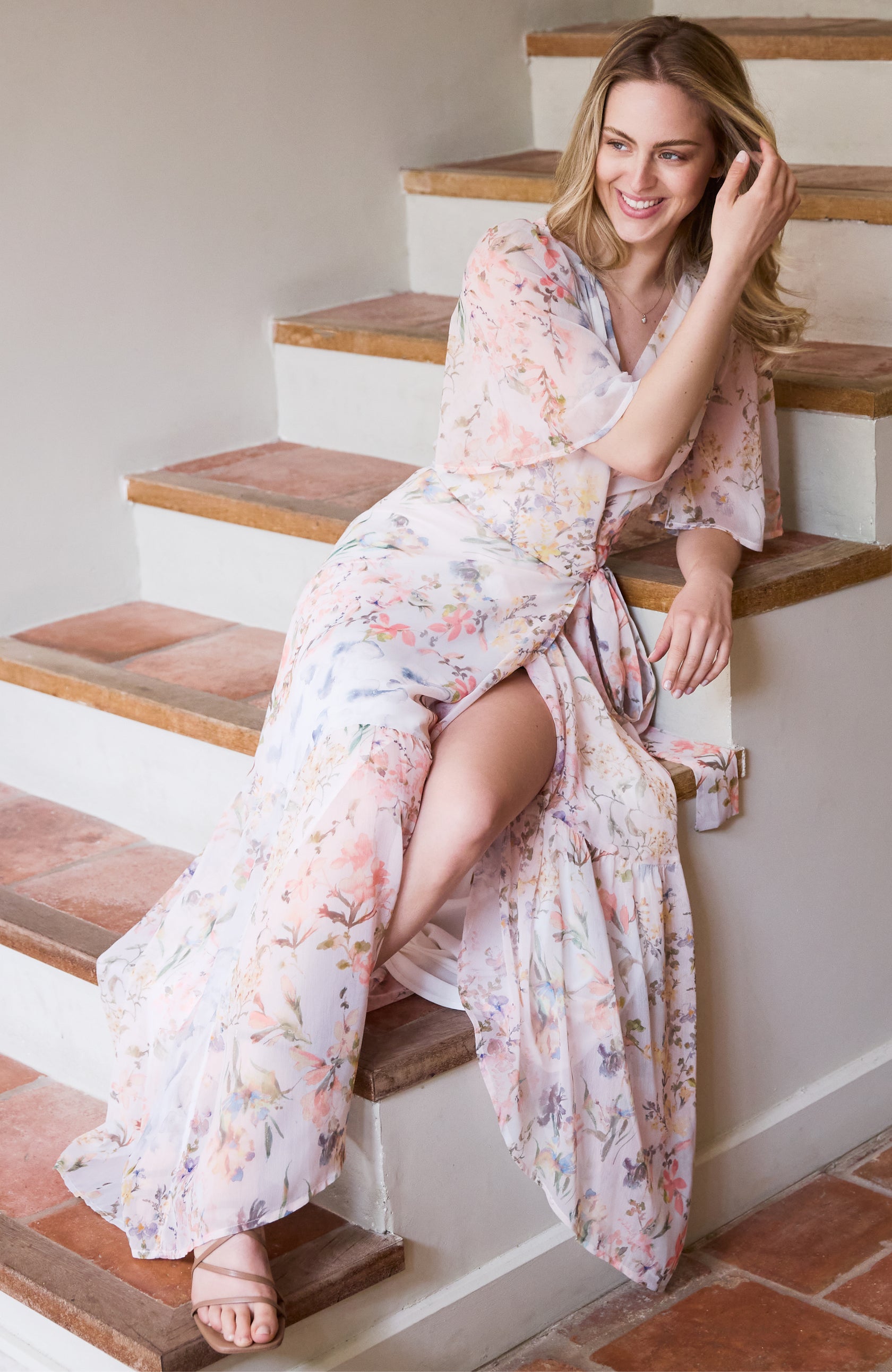 Hope & Ivy Haven floral chiffon maxi dress on model at occasion 
