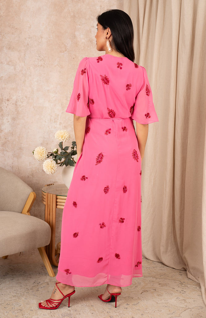 Hope & Ivy Hebe Pink Embellished Wrap Style Flutter Sleeve Dress - Back