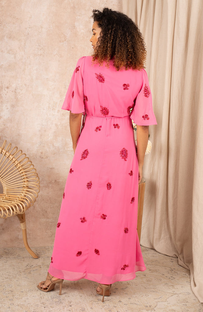 Hope & Ivy Hebe Pink Embellished Wrap Style Flutter Sleeve Dress From Back