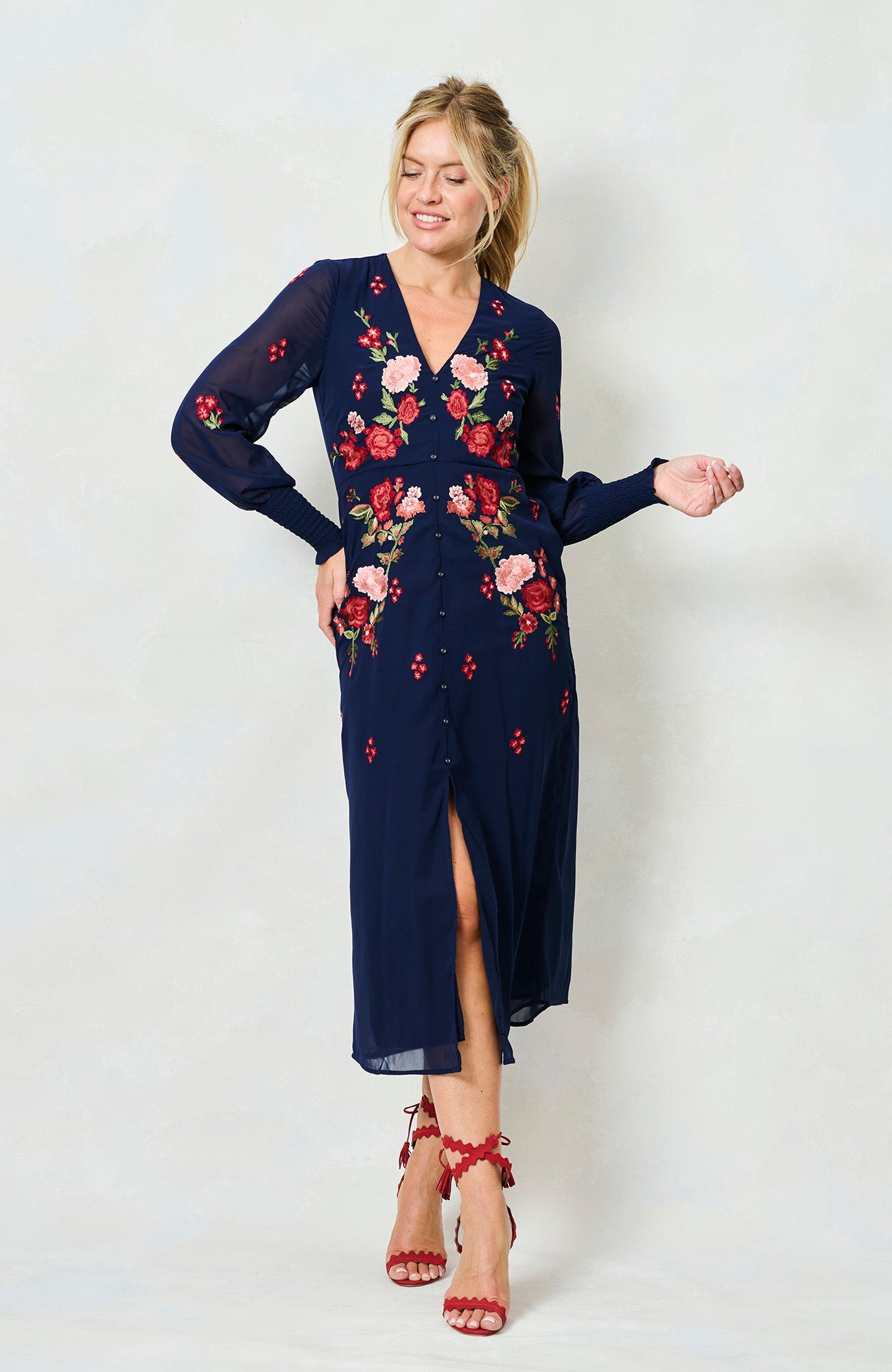 Hope & Ivy Jodie navy embroidered midi dress with long sheer sleeves