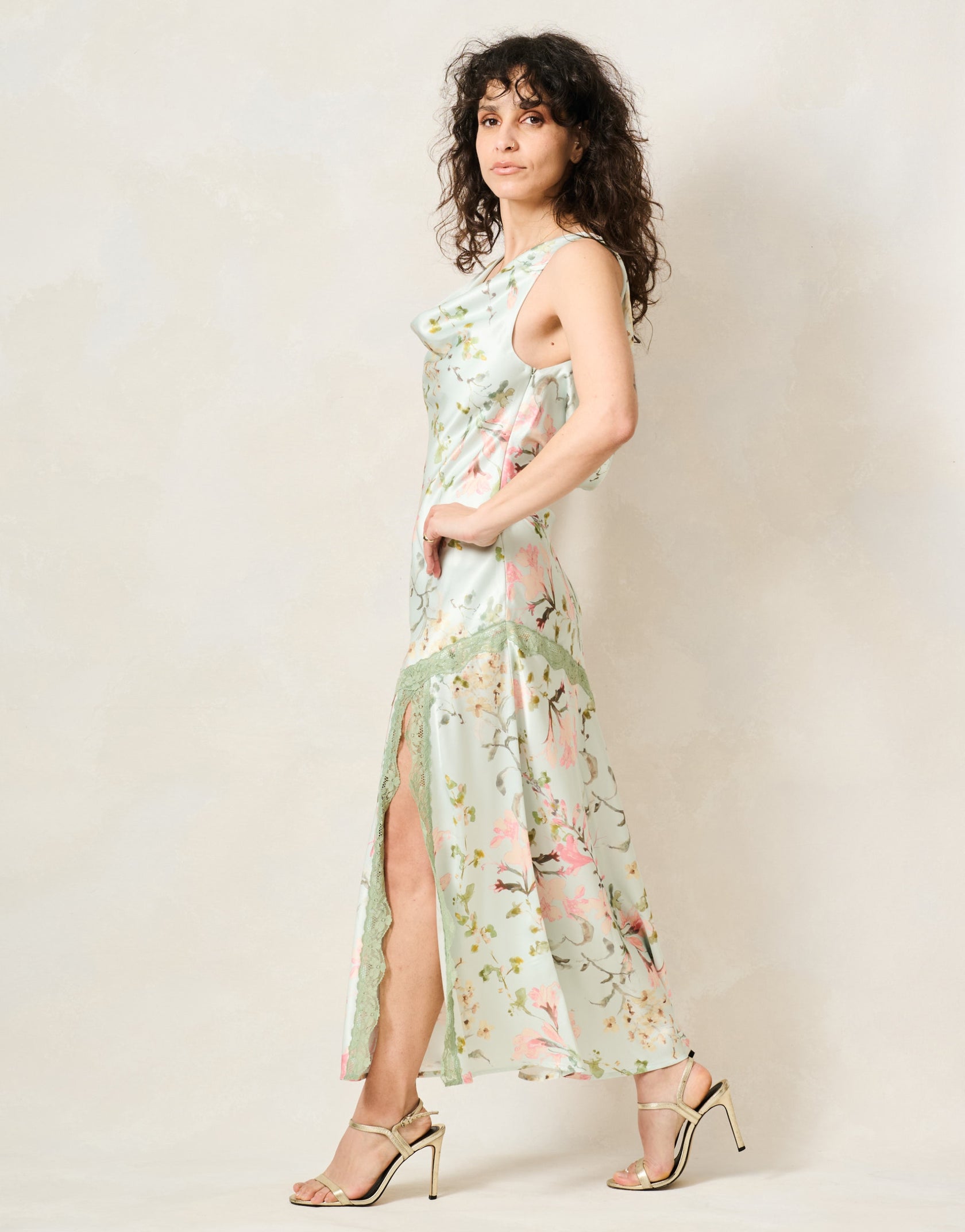Hope & Ivy Loralie green floral dress with thigh split