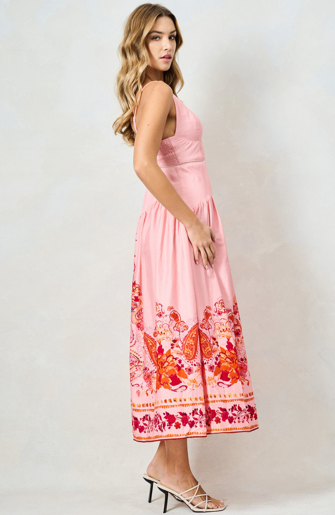 Hope & Ivy pink floral paisley print midi dress with spaghetti straps