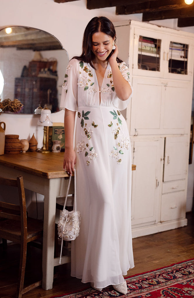 Hope & Ivy Maddie Cream Embellished Flutter Sleeve Alternative Wedding Dress