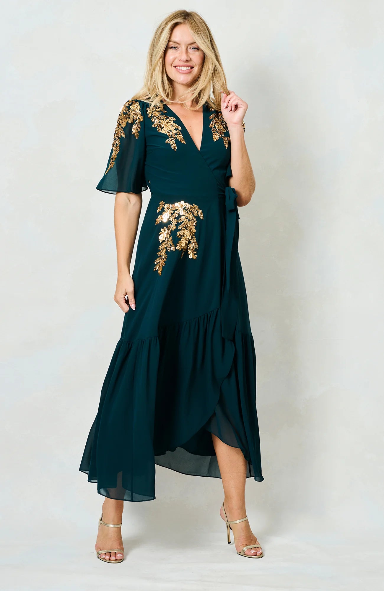 Hope & Ivy Matilda forest green winter maxi dress with gold embellishment