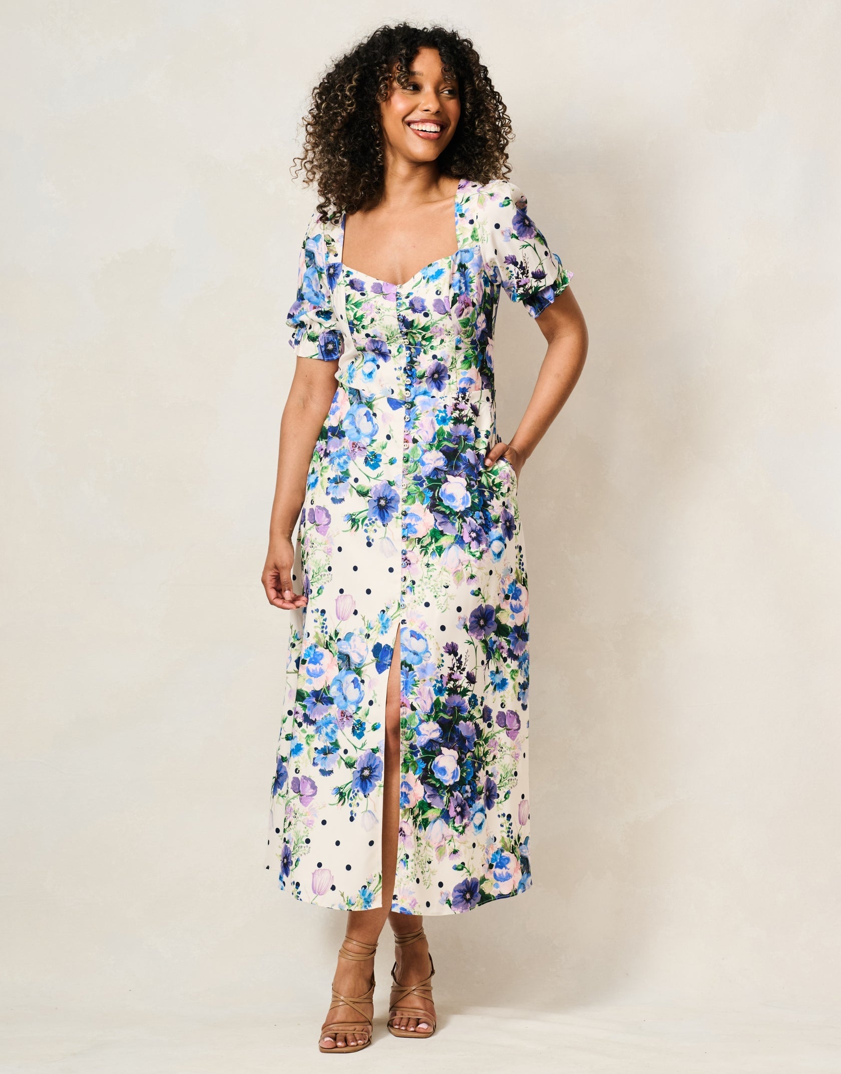 Hope & Ivy Nadalia blue floral puff sleeve midi dress front view