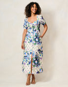 Hope & Ivy Nadalia blue floral puff sleeve midi dress front view